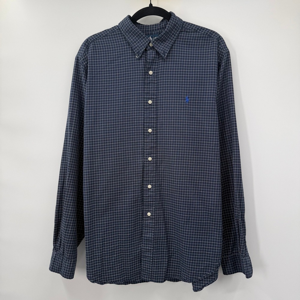 Ralph Lauren Mens XL Button Down Shirt Navy Blue Grid Check Classic Fit